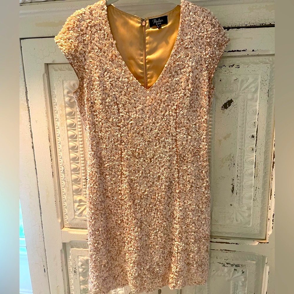 Beautiful blush colored sparkly cocktail dress by Parker black!